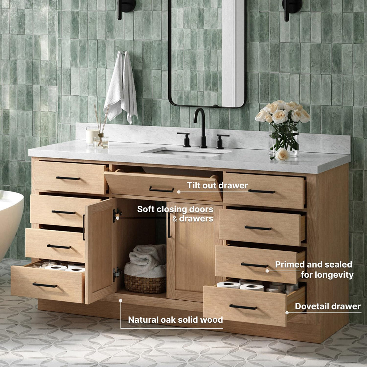 ARIEL Hepburn 66-inch Bathroom Vanity with Sink,Solid Wood, 1.5-inch Pure White Quartz Countertop & Backsplash, Single Rectangular Porcelain Sink, 2 Soft Closing Doors, 9 Dovetail Drawers, White