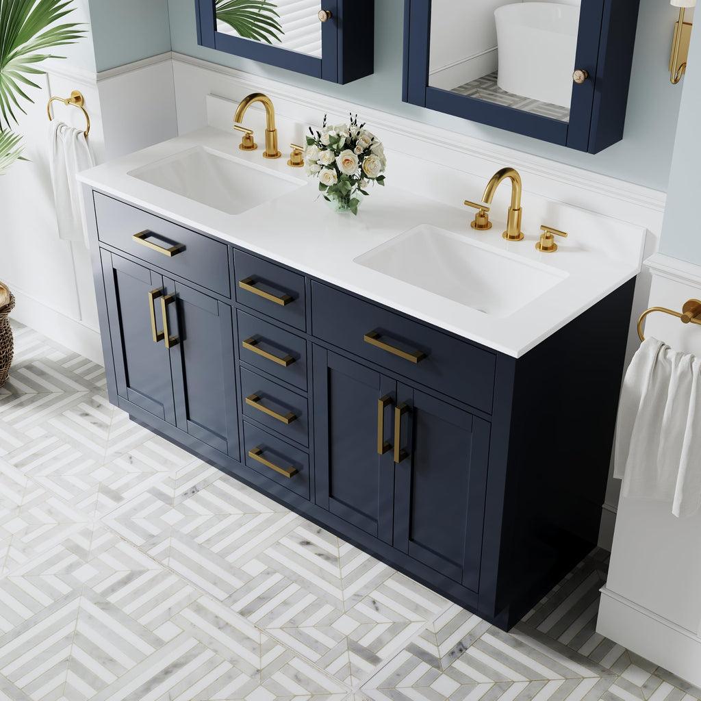 WELLFOR 36-Inch Bathroom Vanity with Sink W/ 2 Doors & 4 Drawers & 1 Flip Drawer,Navy Blue Vanity W/Matte Black Handles