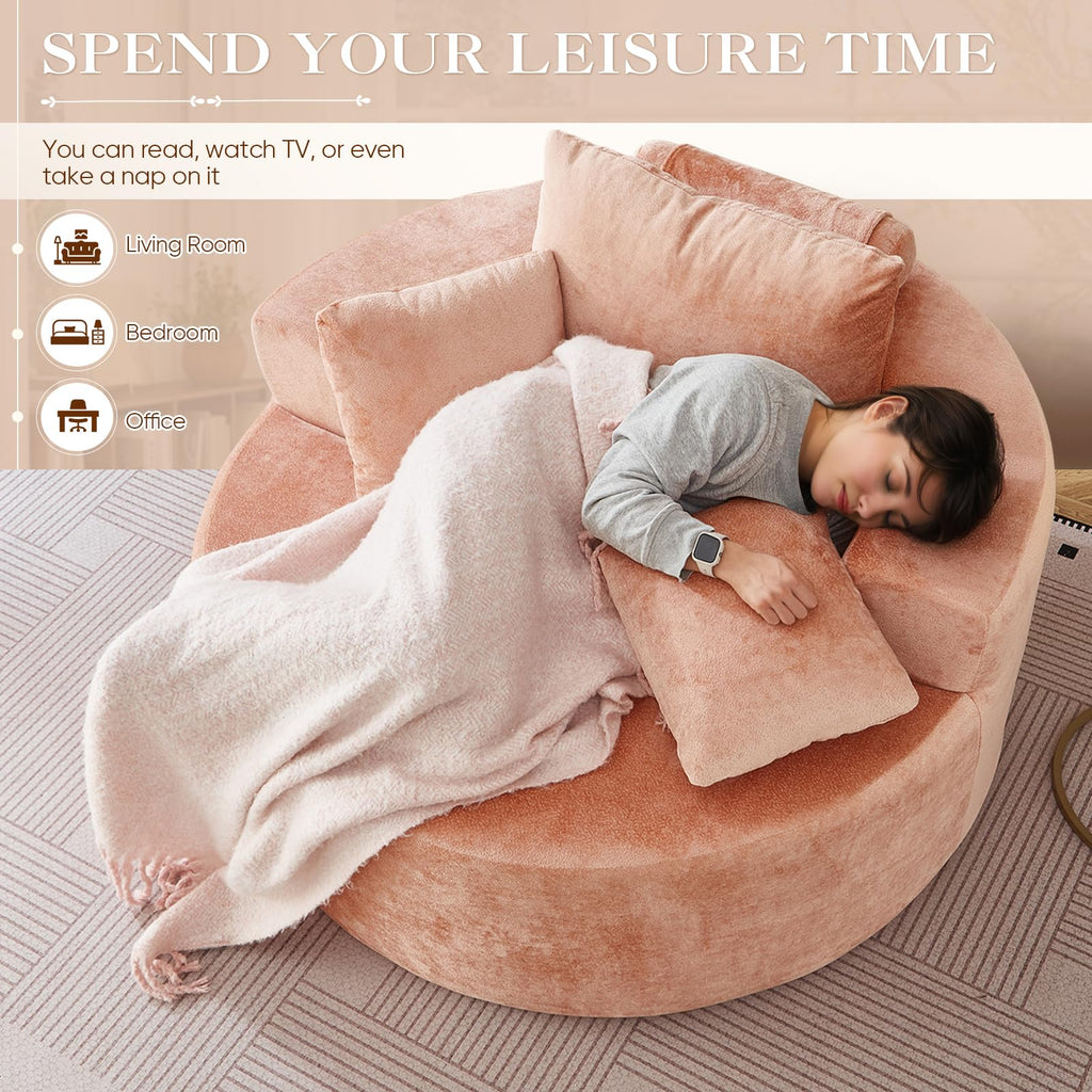 Oversized Round Chaise Longue Chair Indoor, Modern 55-inch Upholstered Corduroy Deep Seat Circle Single Cloud Lounge Floor Sofa Chair for Living Room, Bedroom Apartment, Beige