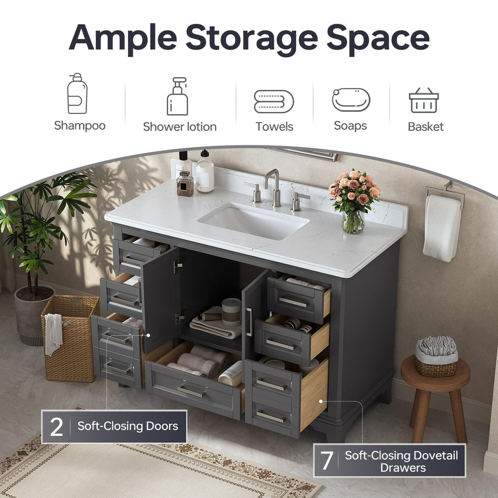 42 Inch Bathroom Vanity with Sink, Pre Assembled, White