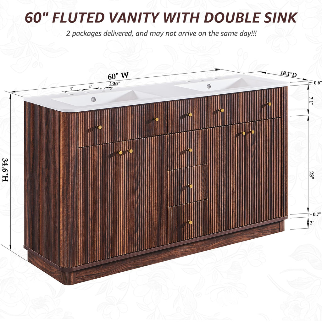 T4TREAM 36" Fluted Bathroom Vanity with Single Sink, Natural Oak