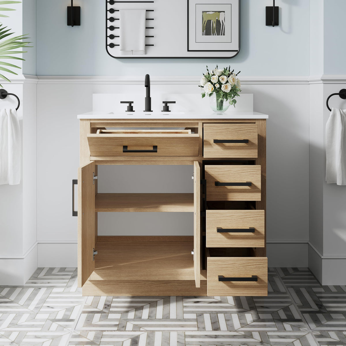 WELLFOR 36-Inch Bathroom Vanity with Sink W/ 2 Doors & 4 Drawers & 1 Flip Drawer,Navy Blue Vanity W/Matte Black Handles