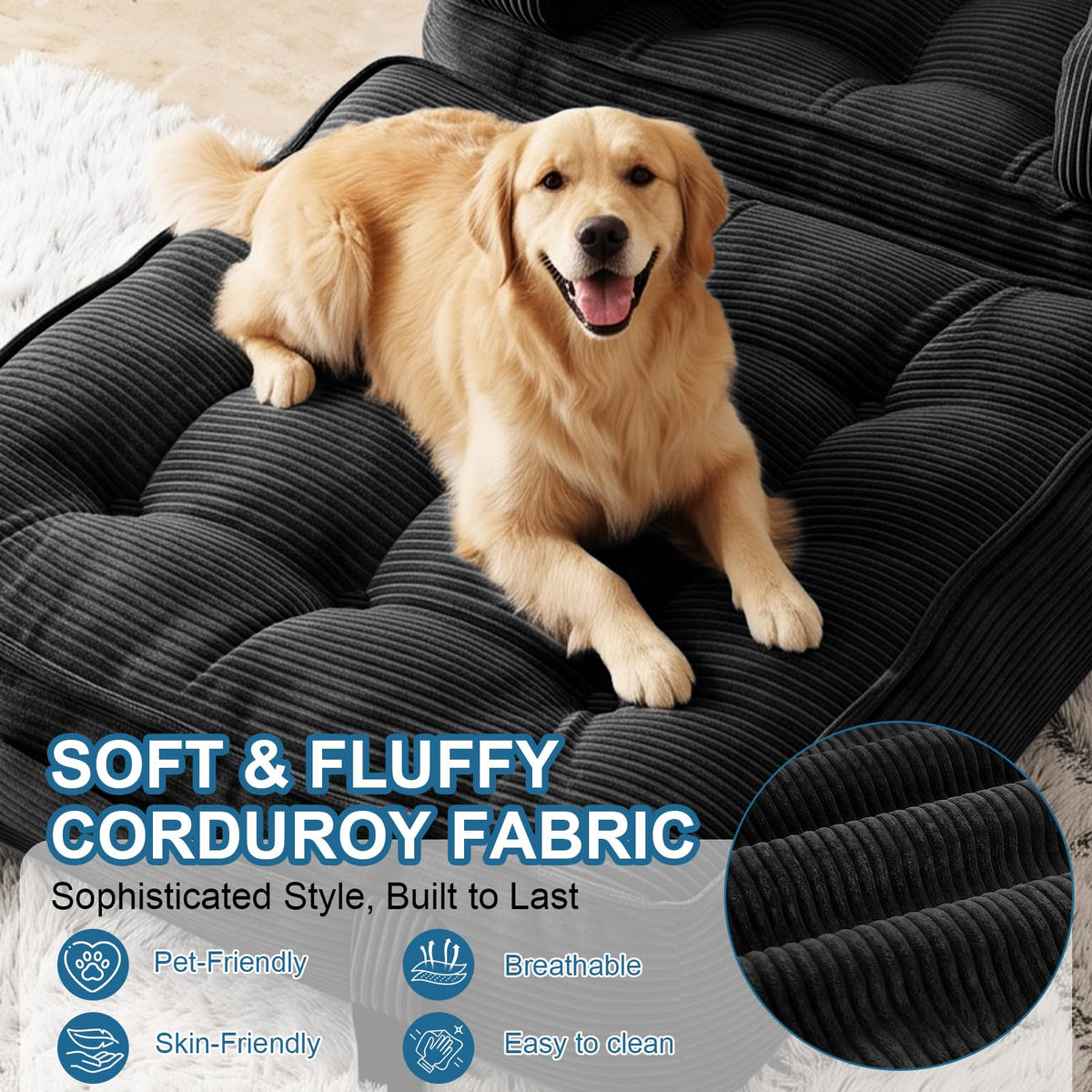 Folding Sofa Bed, Convertible Sleeper Chair with Armrests, Corduroy Foldable Boneless Bed, 3-in-1 Portable Futon Couch Floor Sofa with Pillow for Bedroom, Living Room, Orange