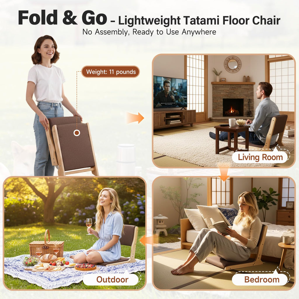 Tiita 2-Pack Foldable Meditation Floor Chairs with Back Support, Wood Grey