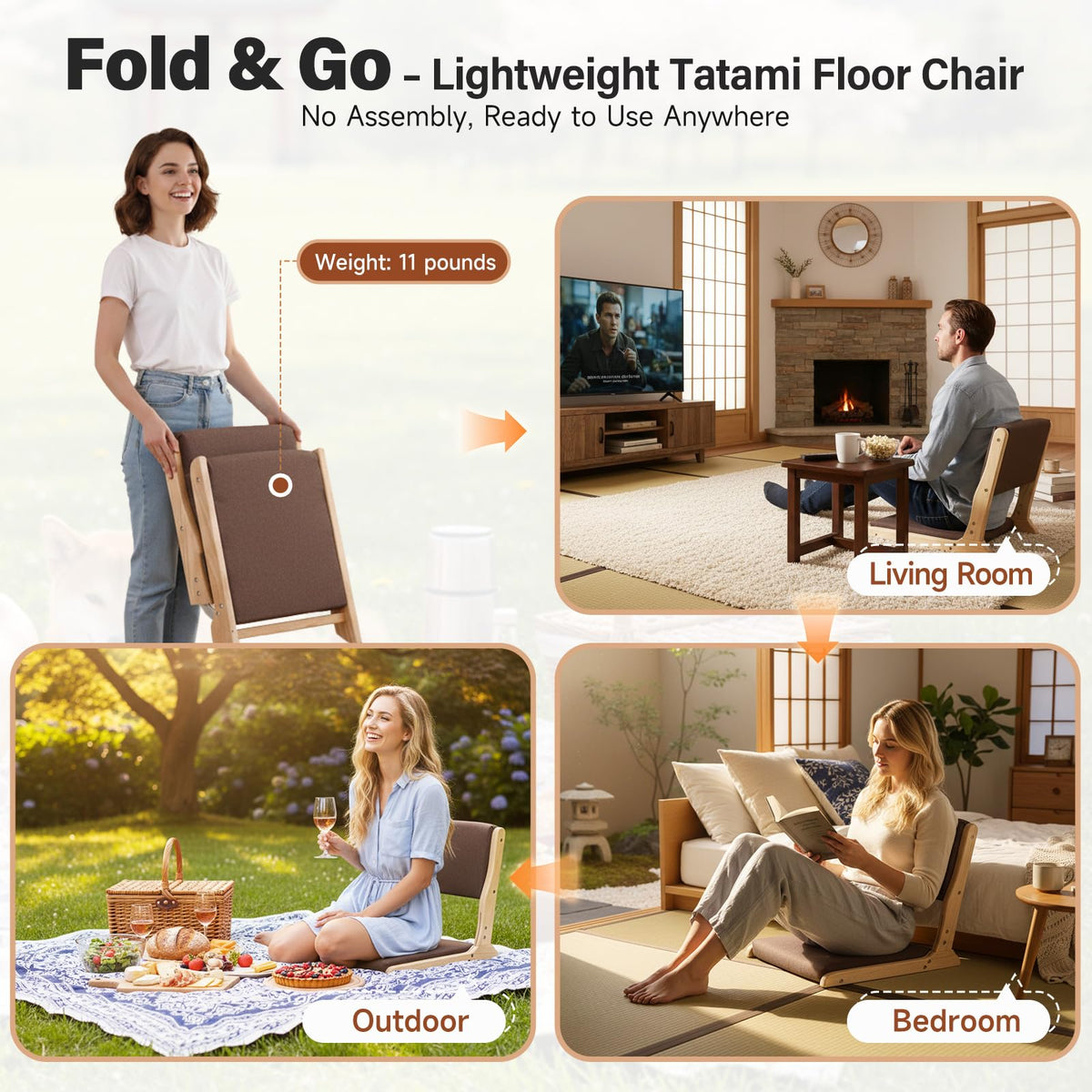 Tiita 2-Pack Foldable Meditation Floor Chairs with Back Support, Wood Grey