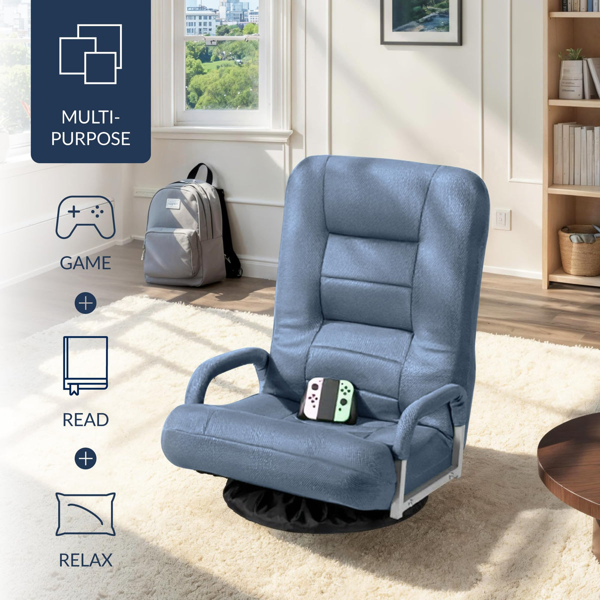 Best Choice Products Swivel Gaming Chair 360 Degree Multipurpose Floor Chair Rocker for TV, Reading, Playing Video Games w/Lumbar Support, Armrest Handles, Adjustable Foldable Backrest - Black/Black