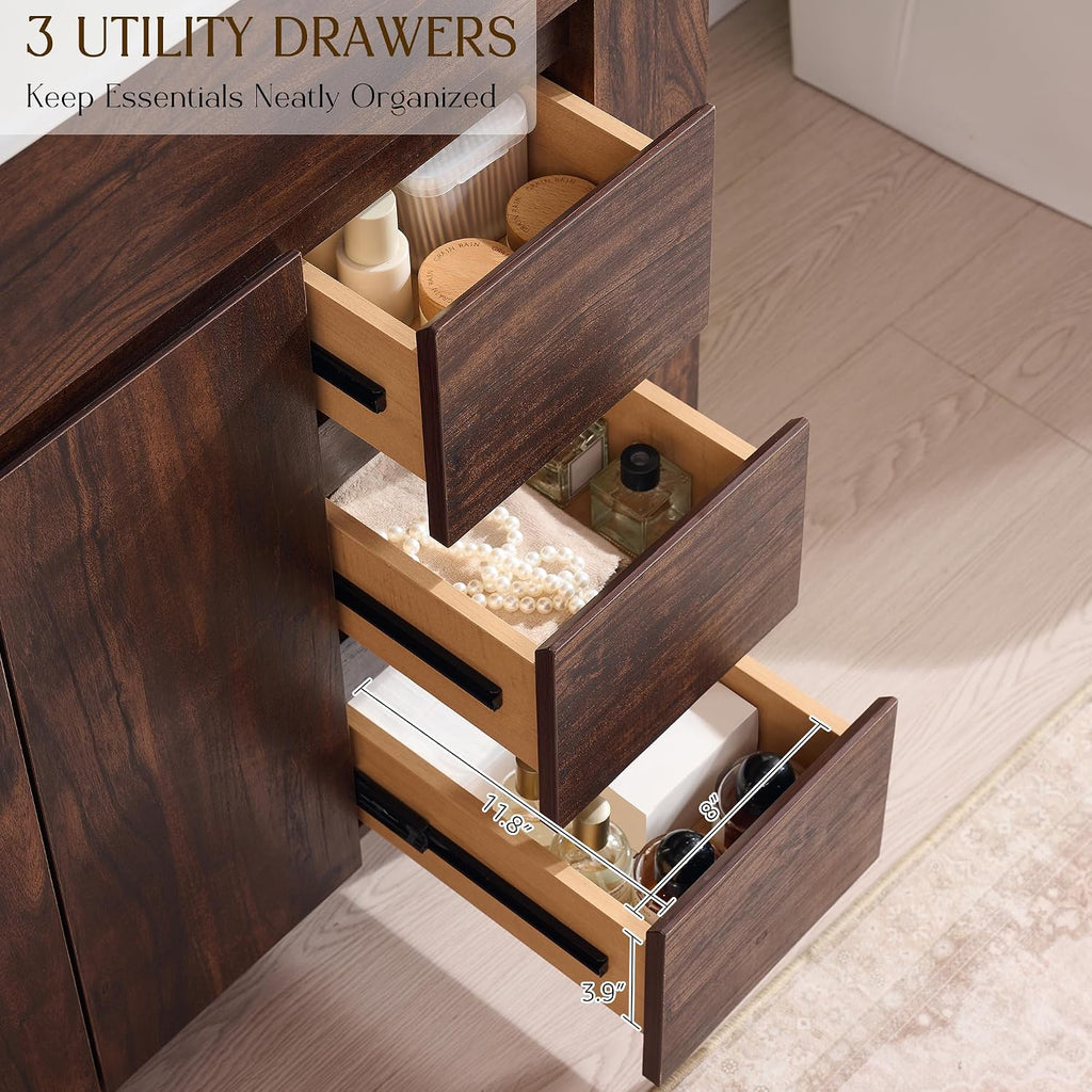 T4TREAM 36 Inch Bathroom Vanity with Sink, Modern Single Sink Bathroom Vanity, Large Bathroom Drawered Cabinet with Handle-Free Design, Dark Walnut