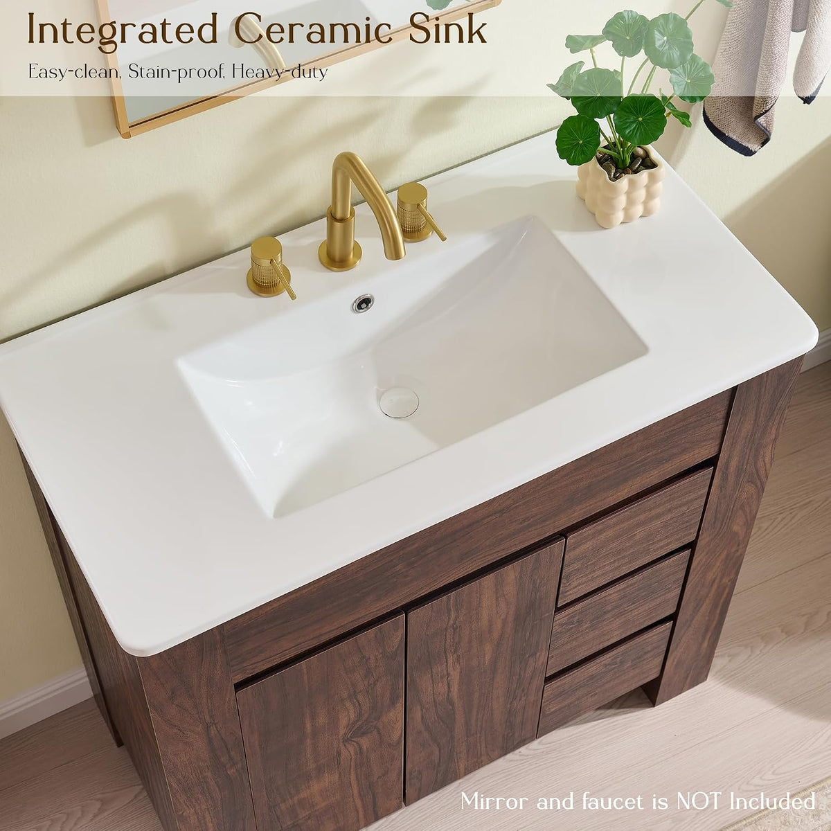 T4TREAM 36 Inch Bathroom Vanity with Sink, Modern Single Sink Bathroom Vanity, Large Bathroom Drawered Cabinet with Handle-Free Design, Dark Walnut