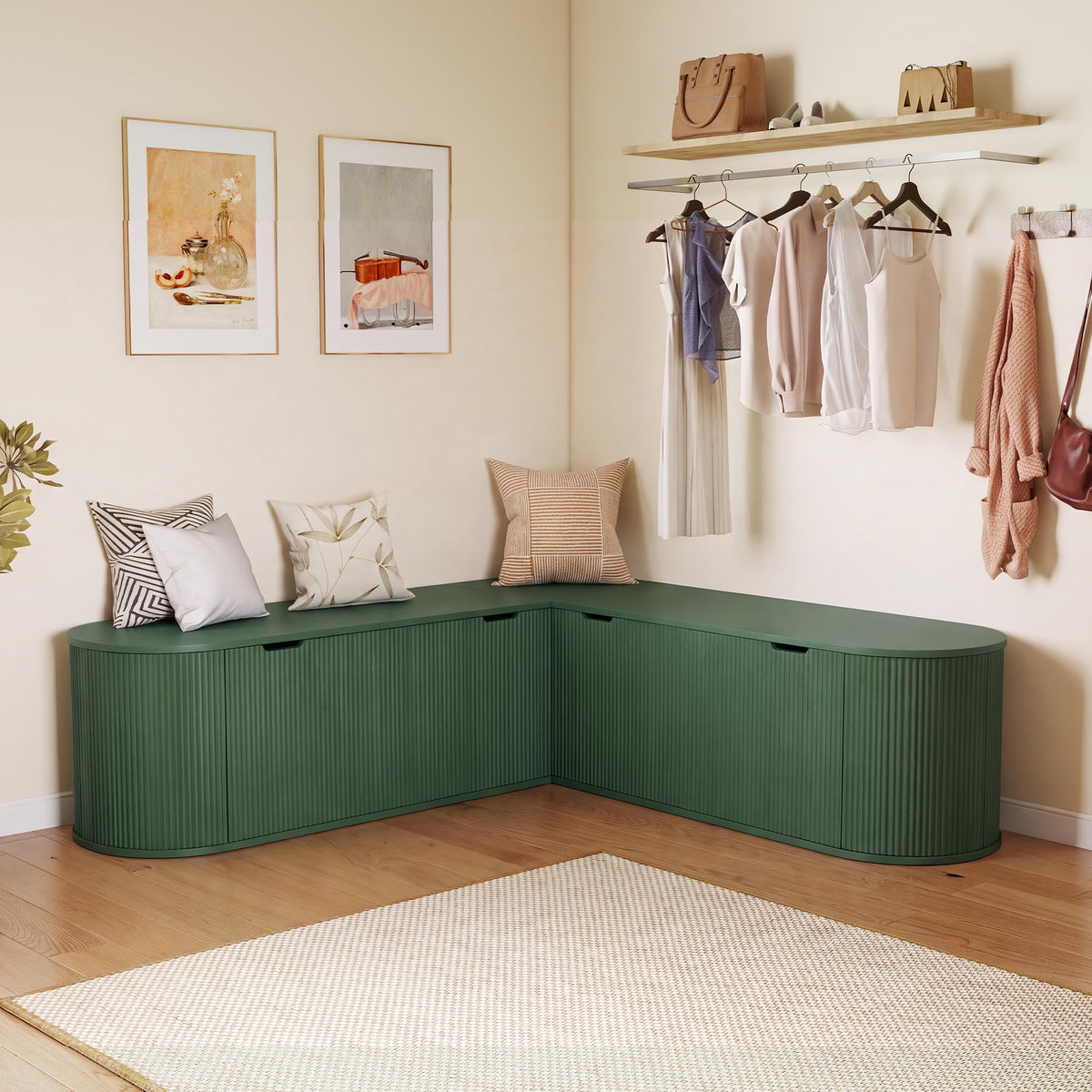 RARZOE 43.3" Fluted Storage Chest, Oval Storage Bench with 4 Wheels,(Green)