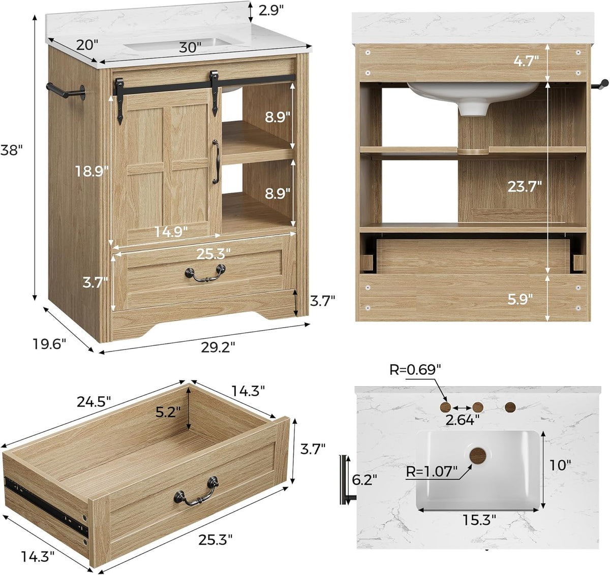 IRONCK Bathroom Vanity with Sink 30", Vanity Cabinet with Water Baffle