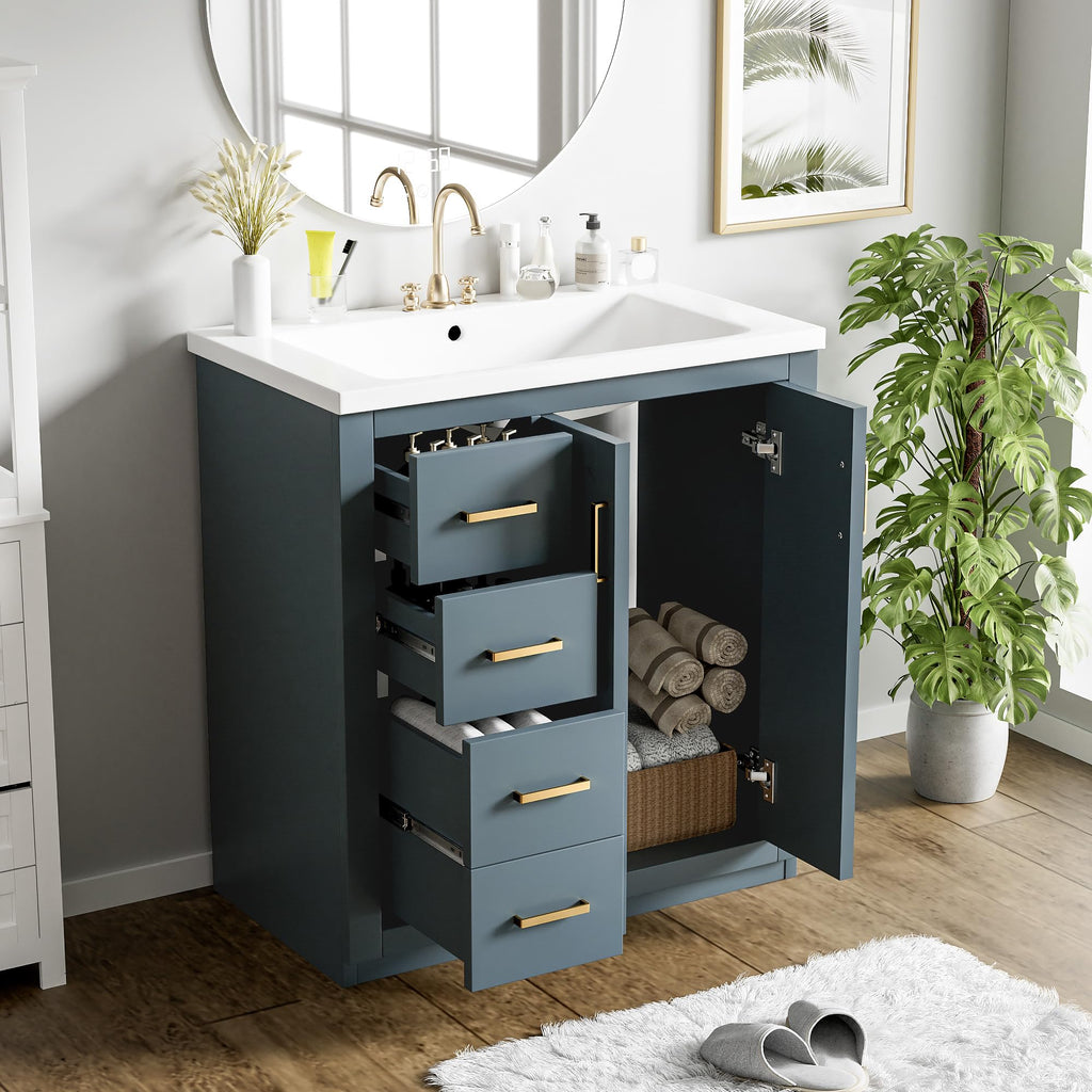 30 Inch Green Bathroom Vanity with Sink & Gold Handles,Light Luxury