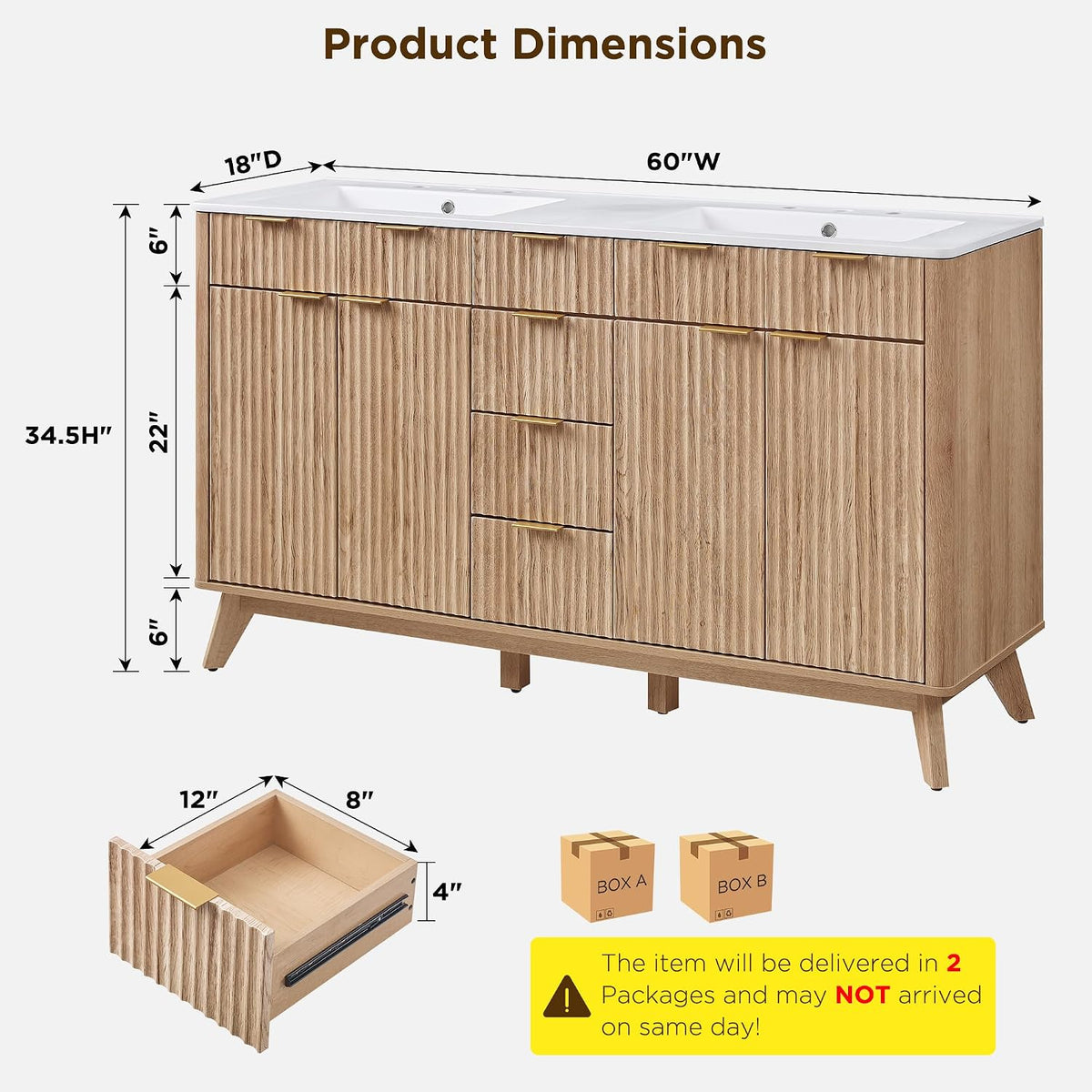 T4TREAM 60" Fluted Bathroom Vanity with Resin Sink Combo, Natural Oak