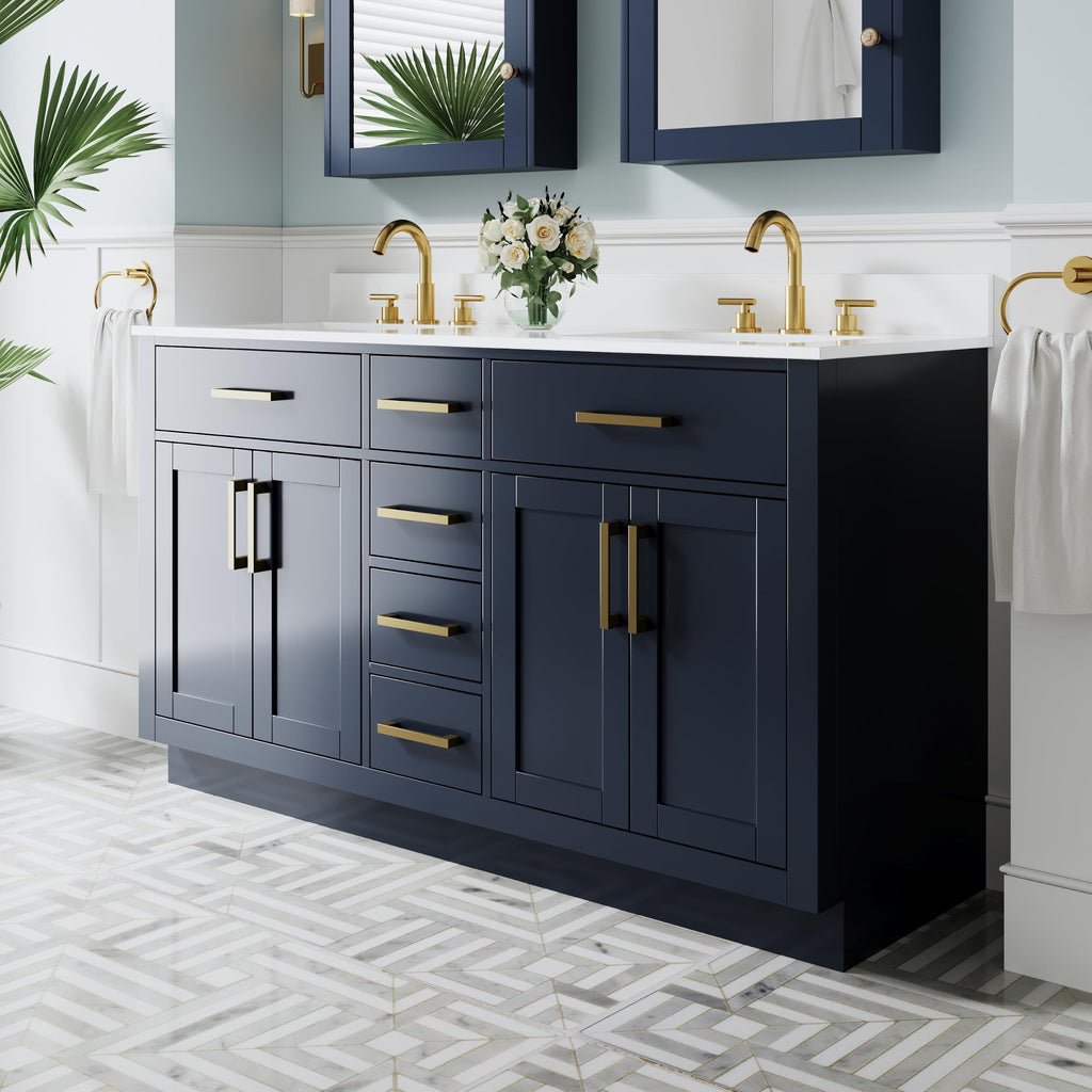 WELLFOR 36-Inch Bathroom Vanity with Sink W/ 2 Doors & 4 Drawers & 1 Flip Drawer,Navy Blue Vanity W/Matte Black Handles