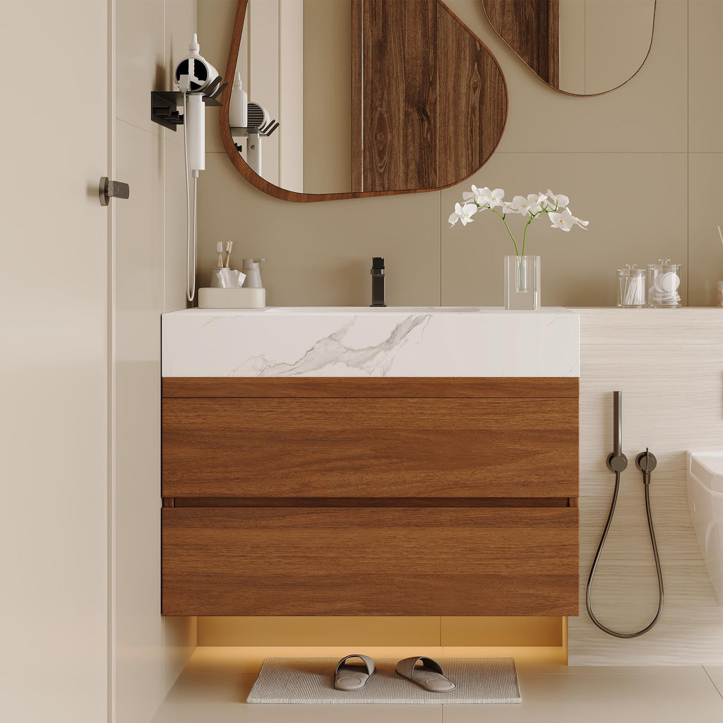 Glintee 40" Floating Bathroom Vanity & Sintered Stone Top, Black