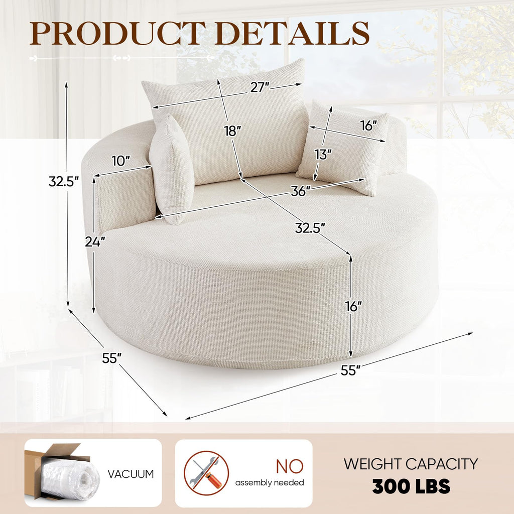 Oversized Round Chaise Longue Chair Indoor, Modern 55-inch Upholstered Corduroy Deep Seat Circle Single Cloud Lounge Floor Sofa Chair for Living Room, Bedroom Apartment, Beige
