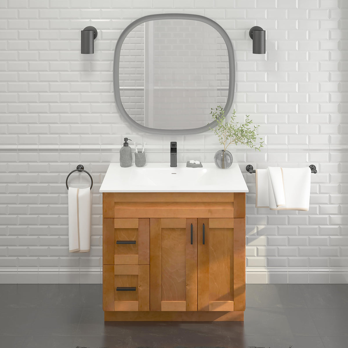 36" Maple Walnut Bathroom Vanity Base â Ready-to-Assemble Sink Cabinet with Drawers, Shaker Style Storage, Base Only, No Top or Sink