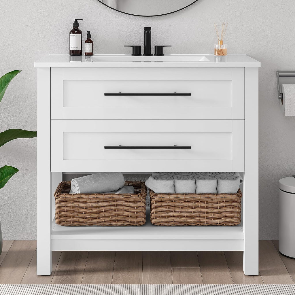 LIKIMIO 36" Bathroom Vanity with Sink, 2 Drawers & Open Shelf, White
