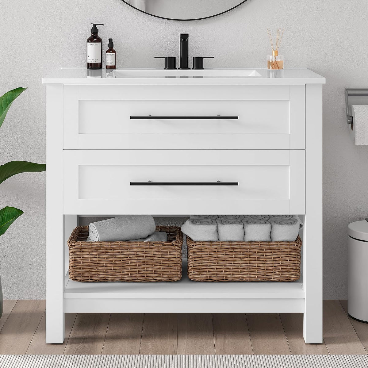 LIKIMIO 36" Bathroom Vanity with Sink, 2 Drawers & Open Shelf, White