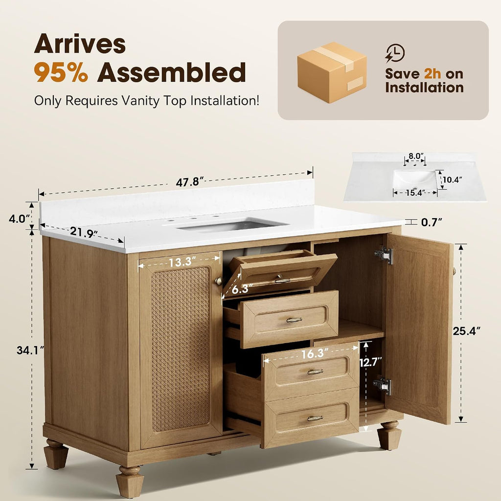 48 Inch Bathroom Vanity with Sink, Fully Pre-Assembled, Light Oak