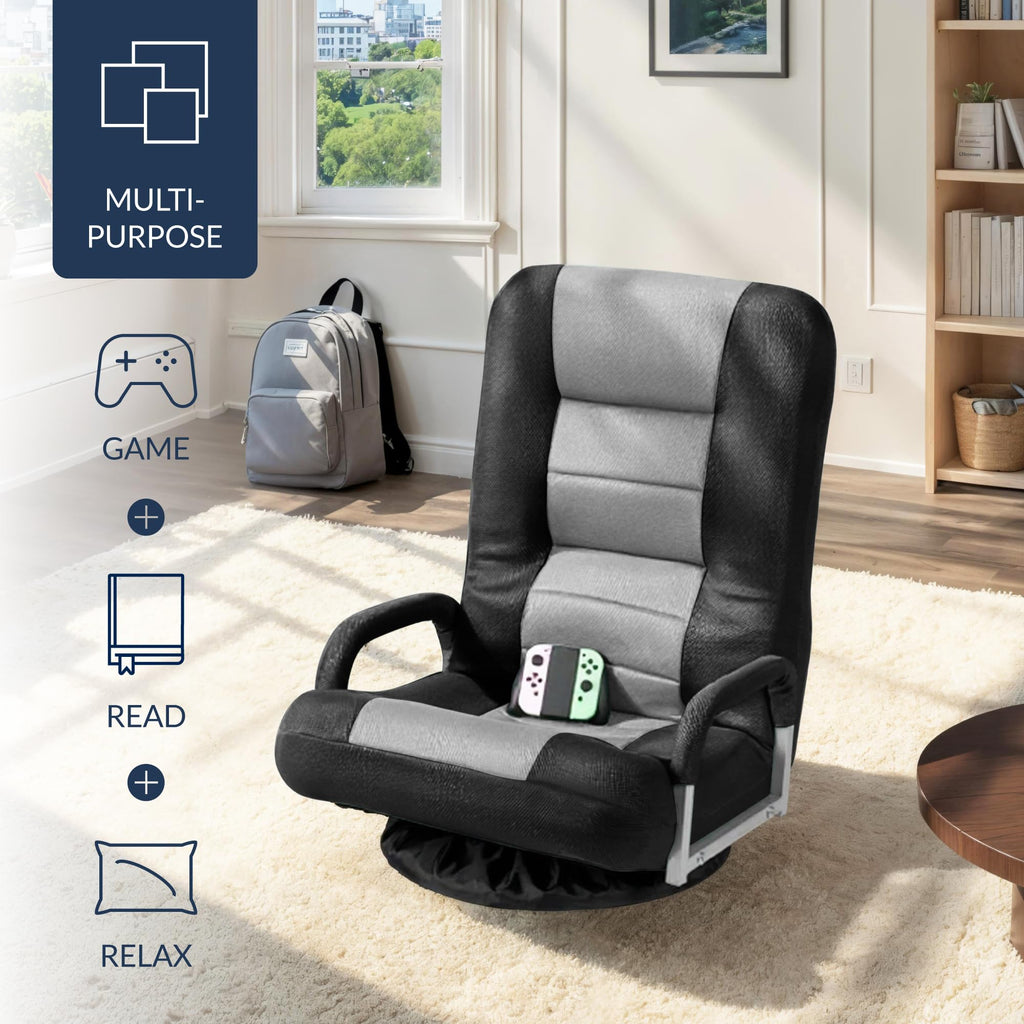 Best Choice Products Swivel Gaming Chair 360 Degree Multipurpose Floor Chair Rocker for TV, Reading, Playing Video Games w/Lumbar Support, Armrest Handles, Adjustable Foldable Backrest - Black/Black