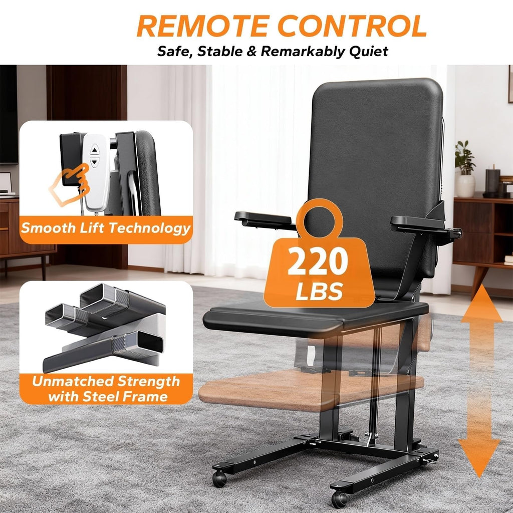 Upgrade Steel Electric Lift Chair with Advanced Wheels and PU Cushion, Floor Lift for Elderly, Support Up to 400 LBS, Safety Seat Belts and Handrails, Suitable for Home or Care Facilities Use, Black