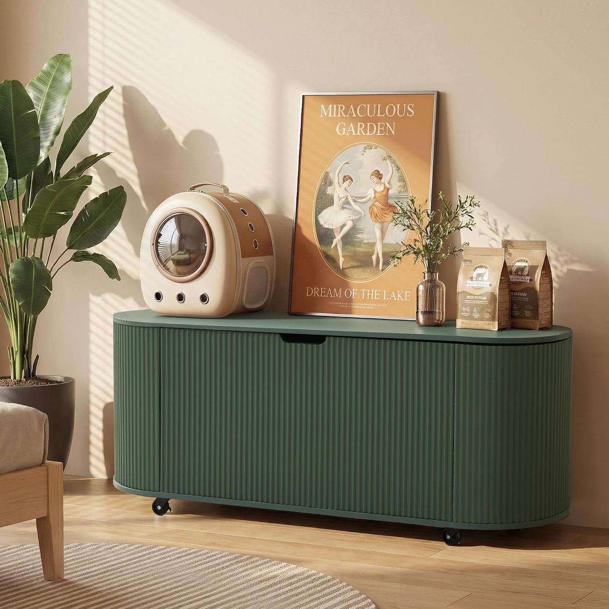 RARZOE 43.3" Fluted Storage Chest, Oval Storage Bench with 4 Wheels,(Green)