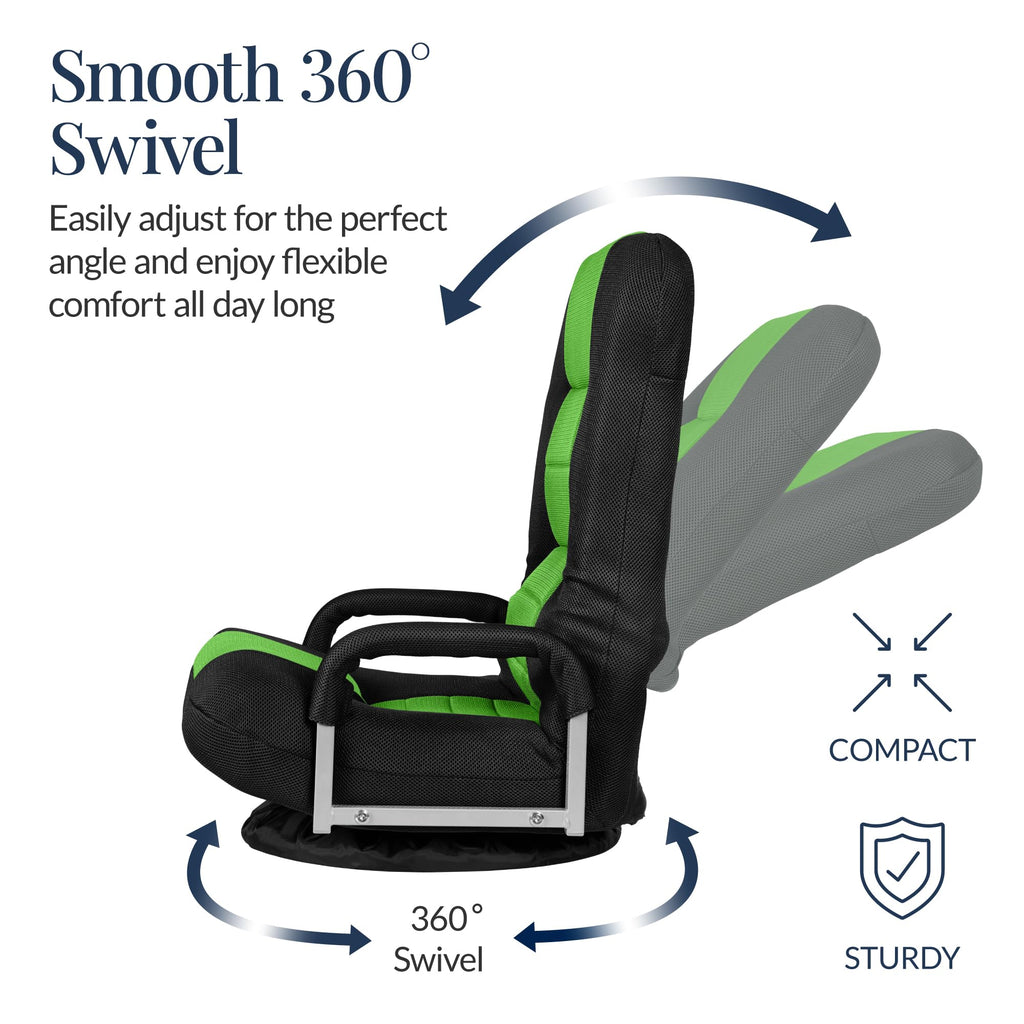 Best Choice Products Swivel Gaming Chair 360 Degree Multipurpose Floor Chair Rocker for TV, Reading, Playing Video Games w/Lumbar Support, Armrest Handles, Adjustable Foldable Backrest - Black/Black
