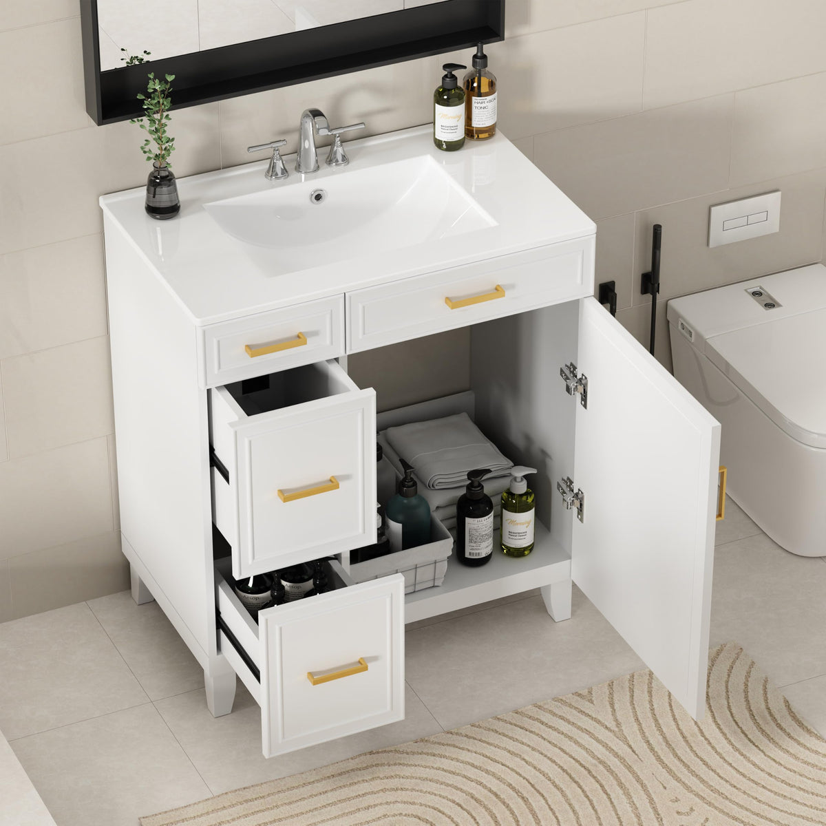 30" Bathroom Vanity with Sink, Solid Wood Frame Modern with Charging Station, Bathroom Single Sink Cabinet with 2 Drawers and 1 Doors, Gold Metal Handles, Black