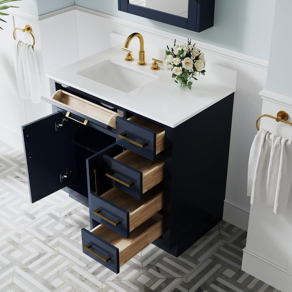 WELLFOR 36-Inch Bathroom Vanity with Sink W/ 2 Doors & 4 Drawers & 1 Flip Drawer,Navy Blue Vanity W/Matte Black Handles