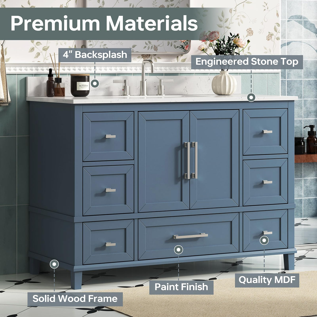 42 Inch Bathroom Vanity with Sink, Pre Assembled, White