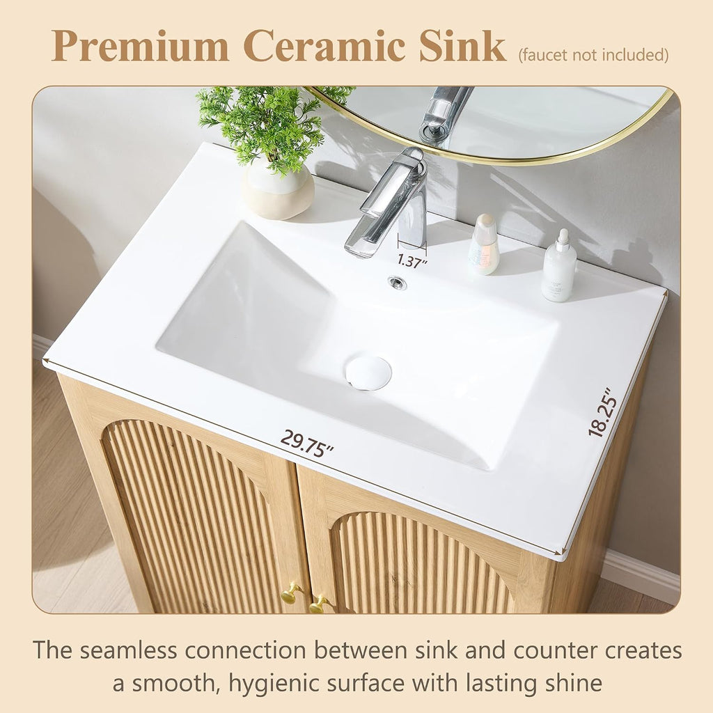 IFGET 30 Inch Bathroom Vanity with Sink, Arched Fluted Design, Natural Oak