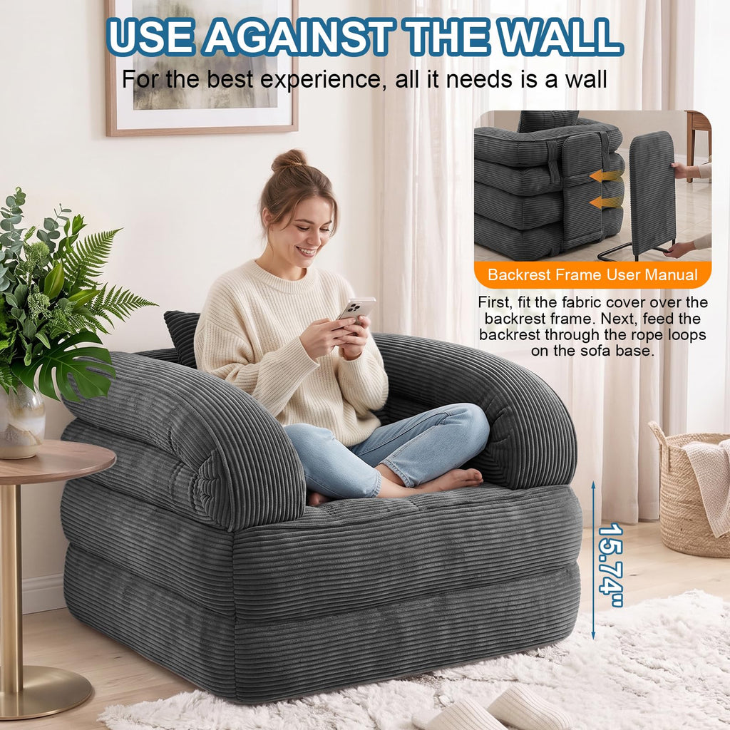 Folding Sofa Bed, Convertible Sleeper Chair with Armrests, Corduroy Foldable Boneless Bed, 3-in-1 Portable Futon Couch Floor Sofa with Pillow for Bedroom, Living Room, Orange