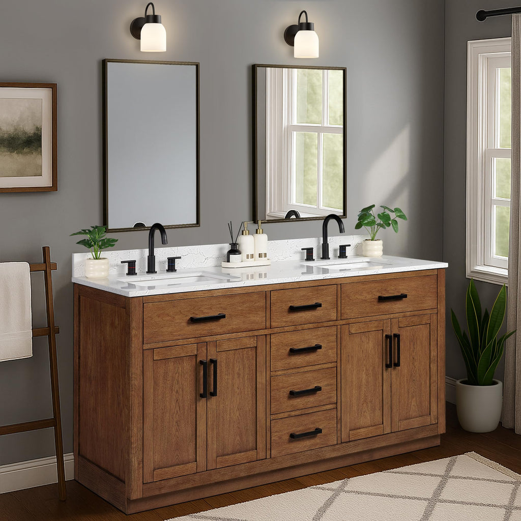 48-inch Dark Walnut Bathroom Vanity with Sink, Solid Wood, 0.79-inch Stone Countertop and Backsplash, 9 Drawers, 2 Soft Closing Doors