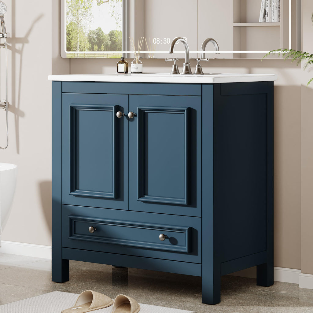 Tribesigns 30" Bathroom Vanity with Sink, Freestanding Bathroom Vanities Cabinet with Ceramic Basin Combo, Bathroom Sink Cabinet with 2 Doors and 1 Drawer, Solid Wooden Frame (Navy Blue, 30 INCH)