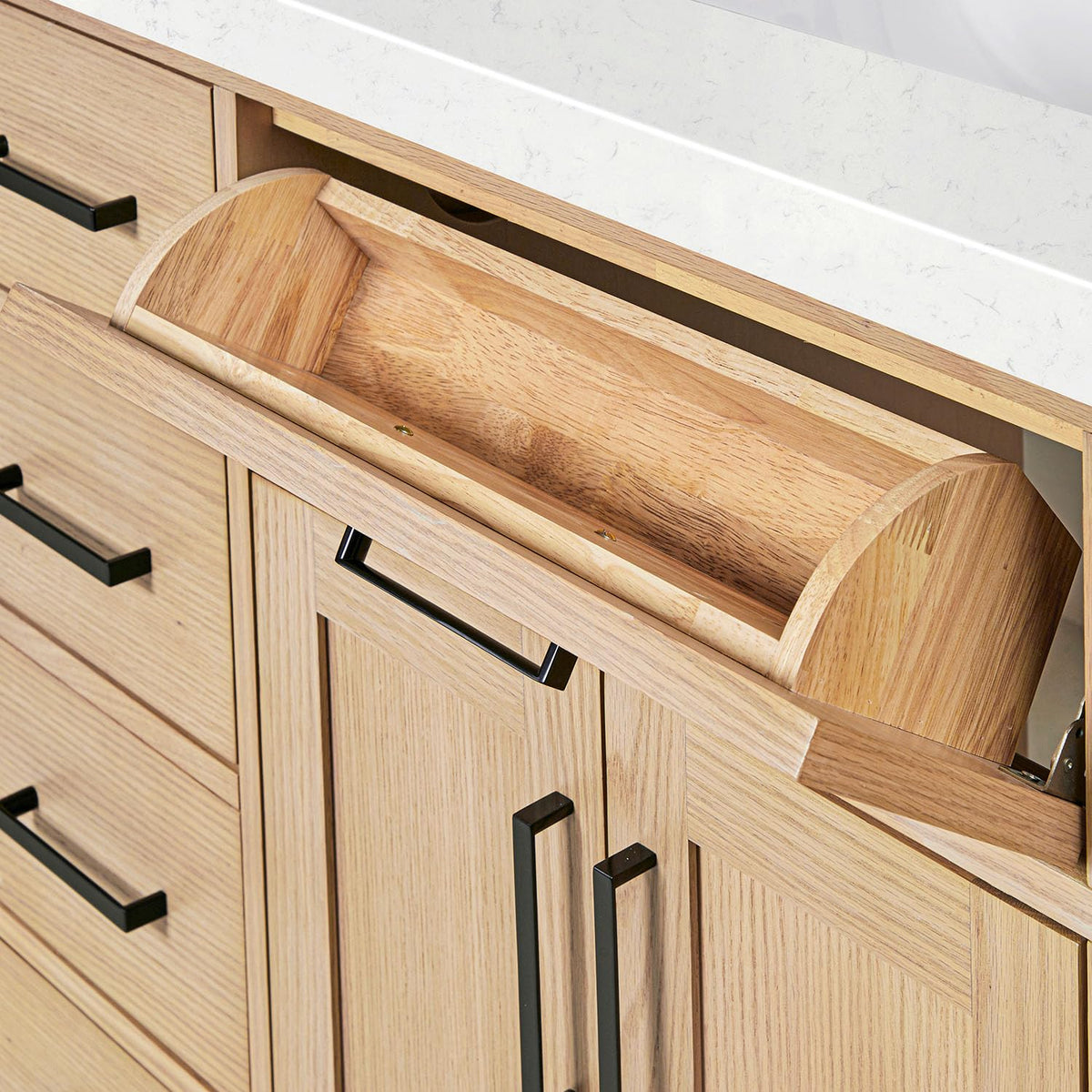 ARIEL Hepburn 92 Inch Includes 20 Inch Linen Cabinet and 1 of 72 Inch Double Rectangle Sink Bathroom Vanity with Carrara White Quartz Countertop 1.5 Inch in Natural Oak