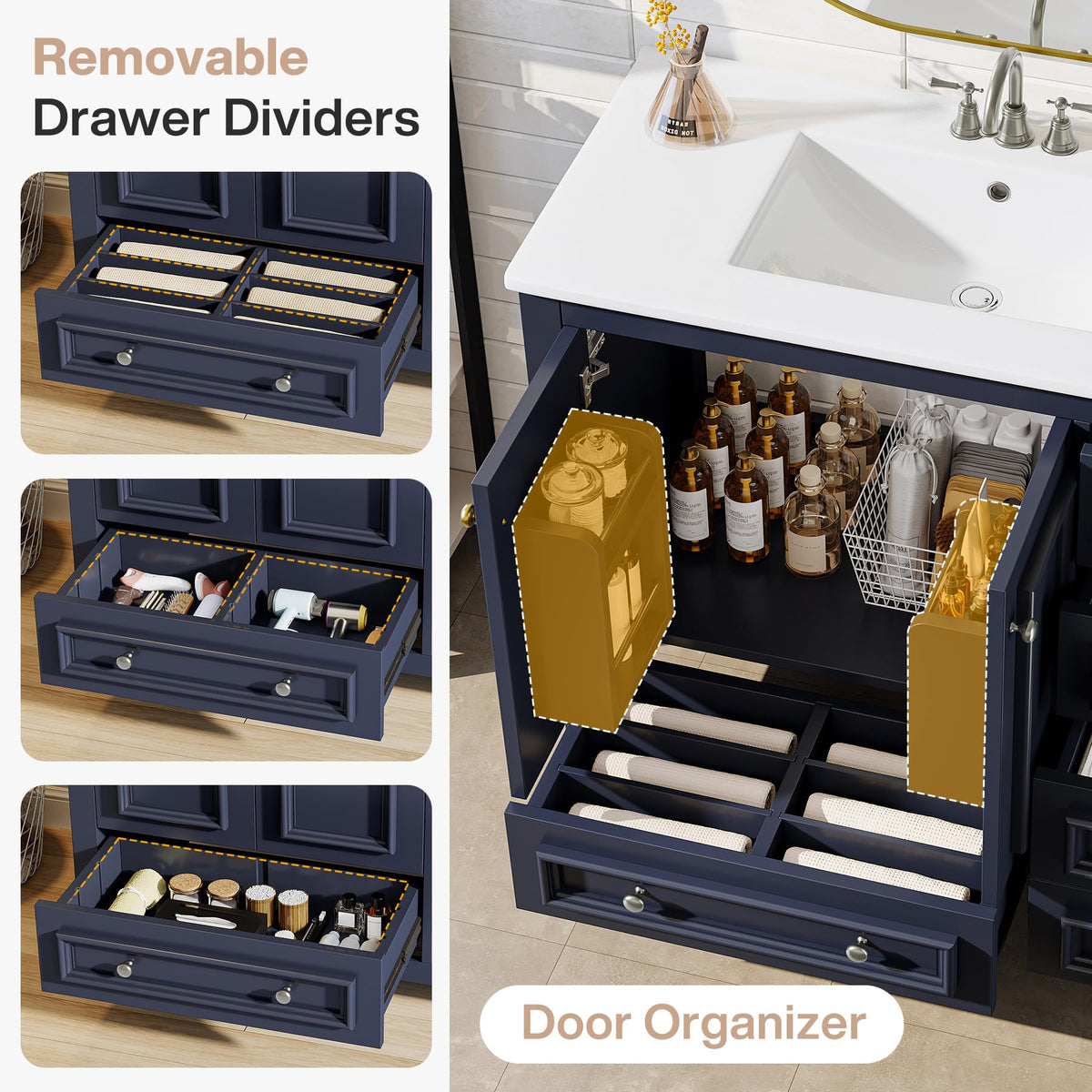 Tribesigns 30" Bathroom Vanity with Sink, Freestanding Bathroom Vanities Cabinet with Ceramic Basin Combo, Bathroom Sink Cabinet with 2 Doors and 1 Drawer, Solid Wooden Frame (Navy Blue, 30 INCH)