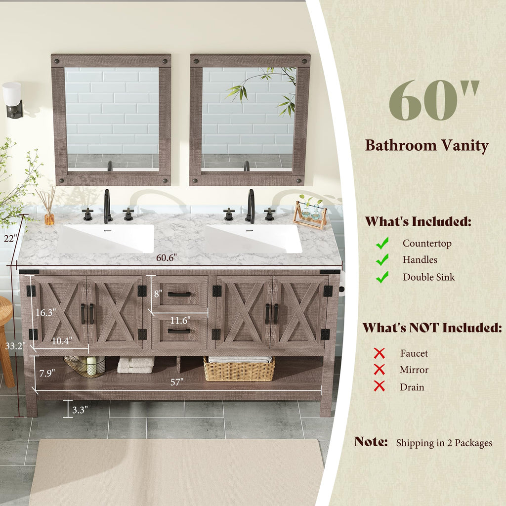 AMERLIFE 48" White Farmhouse Sink Bathroom Vanity, Solid White Top