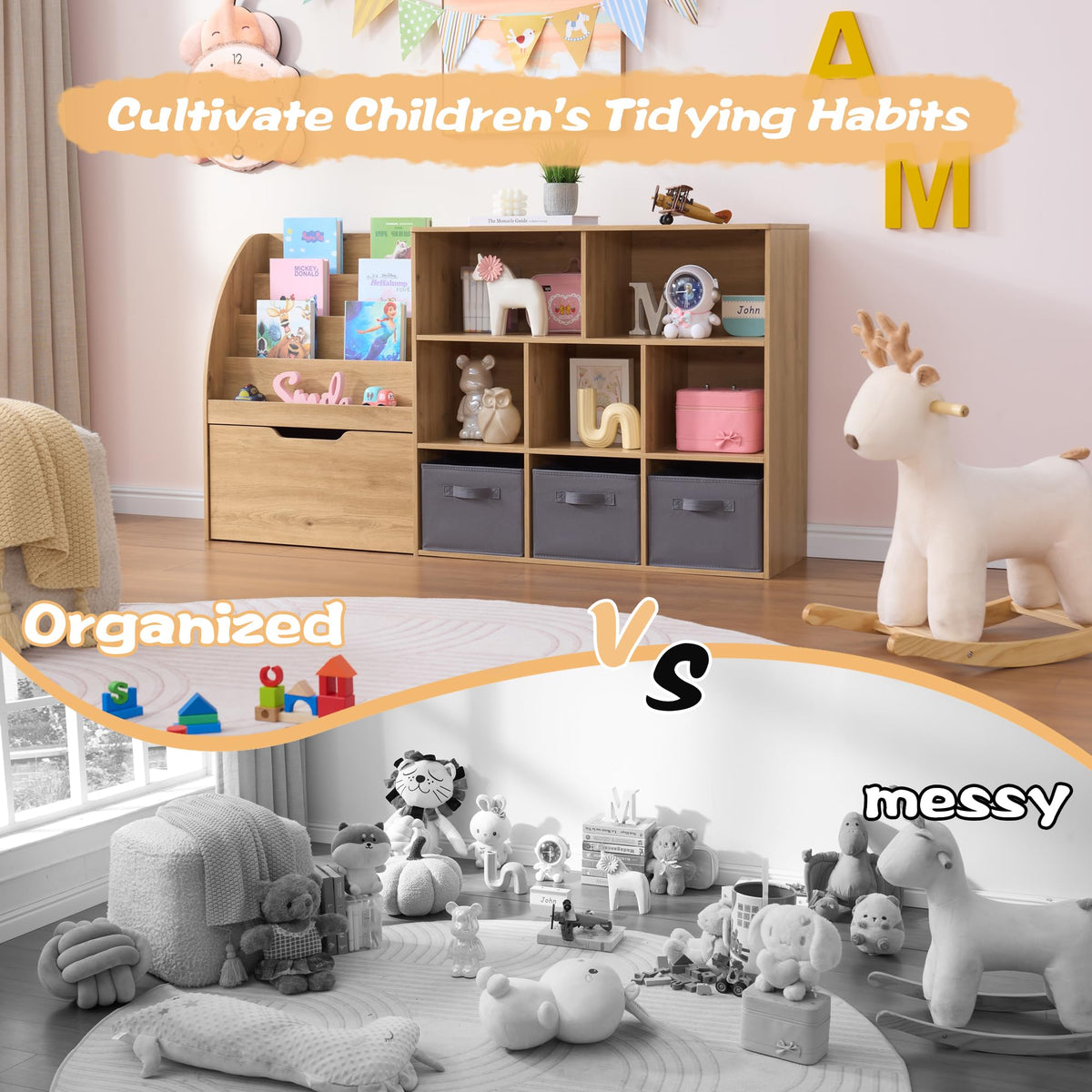 Fatmok Kids Bookshelf and Toy Storage, 2 Pack 58.5ââ Toy Organizer with Movable Chests & 3 Storage Bins, Large Kids Reading Nook with 5 Cubbies for Playroom, Bedroom, Nursery, White