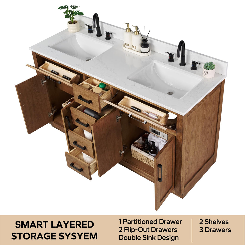48-inch Dark Walnut Bathroom Vanity with Sink, Solid Wood, 0.79-inch Stone Countertop and Backsplash, 9 Drawers, 2 Soft Closing Doors