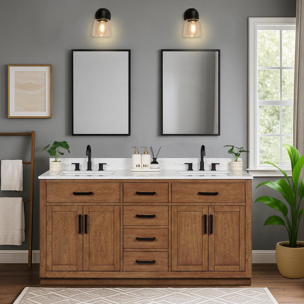 48-inch Dark Walnut Bathroom Vanity with Sink, Solid Wood, 0.79-inch Stone Countertop and Backsplash, 9 Drawers, 2 Soft Closing Doors