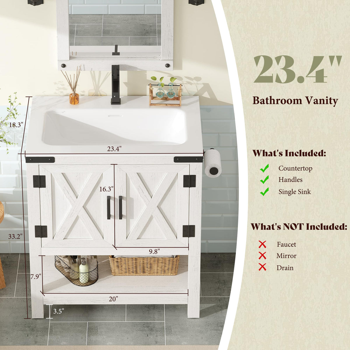 AMERLIFE 48" White Farmhouse Sink Bathroom Vanity, Solid White Top