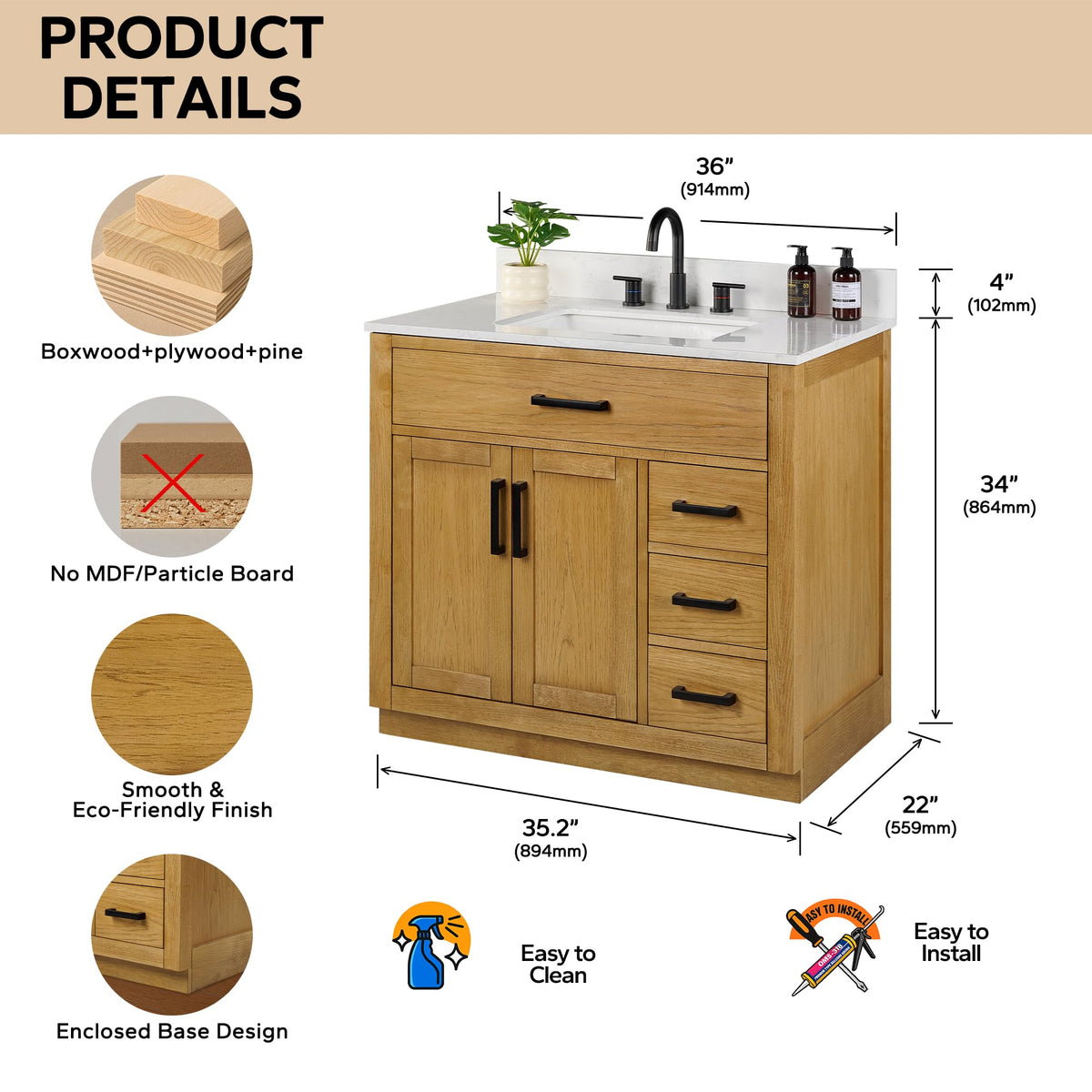 48-inch Dark Walnut Bathroom Vanity with Sink, Solid Wood, 0.79-inch Stone Countertop and Backsplash, 9 Drawers, 2 Soft Closing Doors