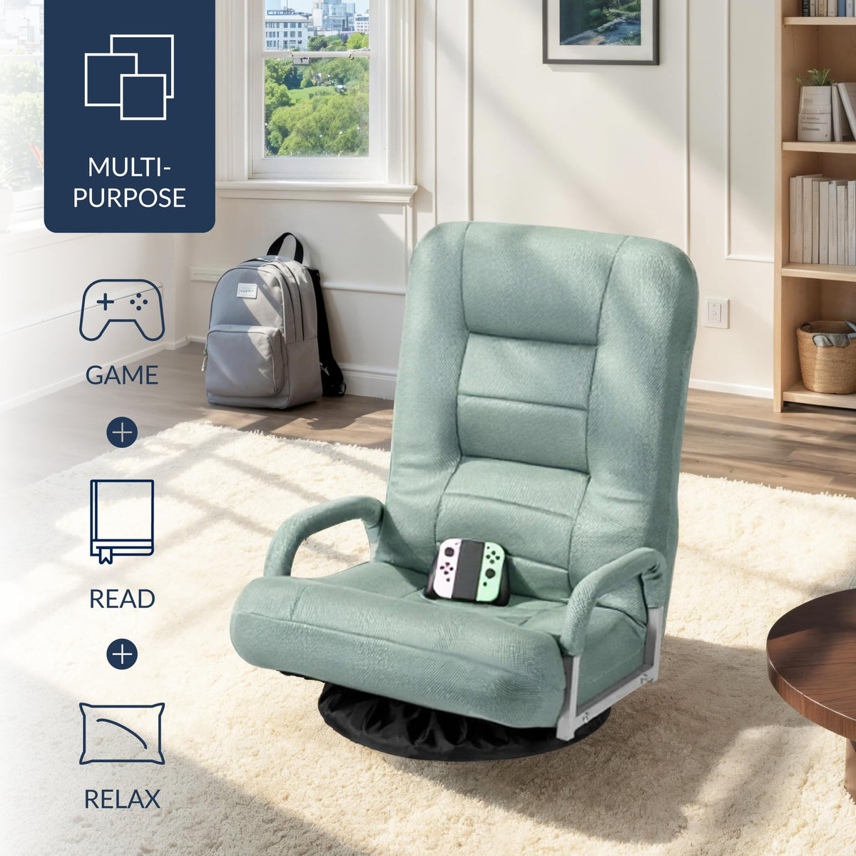 Best Choice Products Swivel Gaming Chair 360 Degree Multipurpose Floor Chair Rocker for TV, Reading, Playing Video Games w/Lumbar Support, Armrest Handles, Adjustable Foldable Backrest - Black/Black