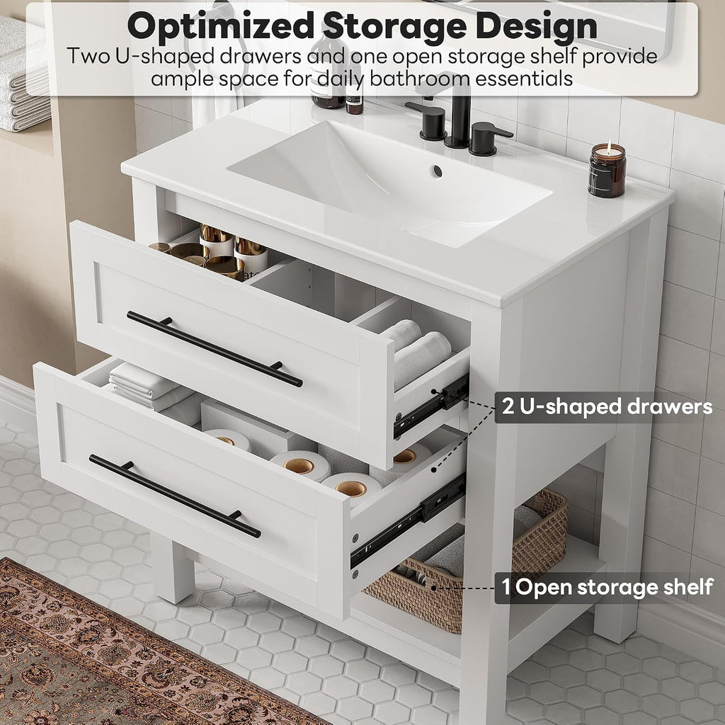 LIKIMIO 30" Bathroom Vanity with Sink, 2 Drawers & Open Shelf, White