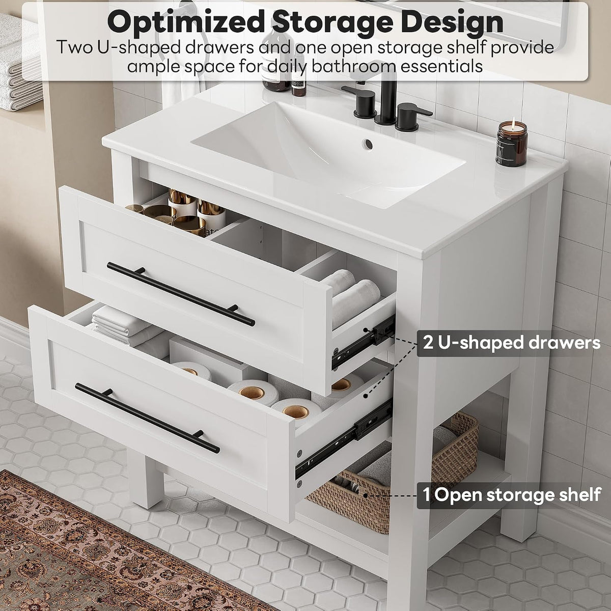 LIKIMIO 30" Bathroom Vanity with Sink, 2 Drawers & Open Shelf, White