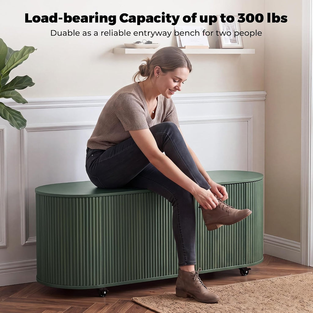 RARZOE 43.3" Fluted Storage Chest, Oval Storage Bench with 4 Wheels,(Green)