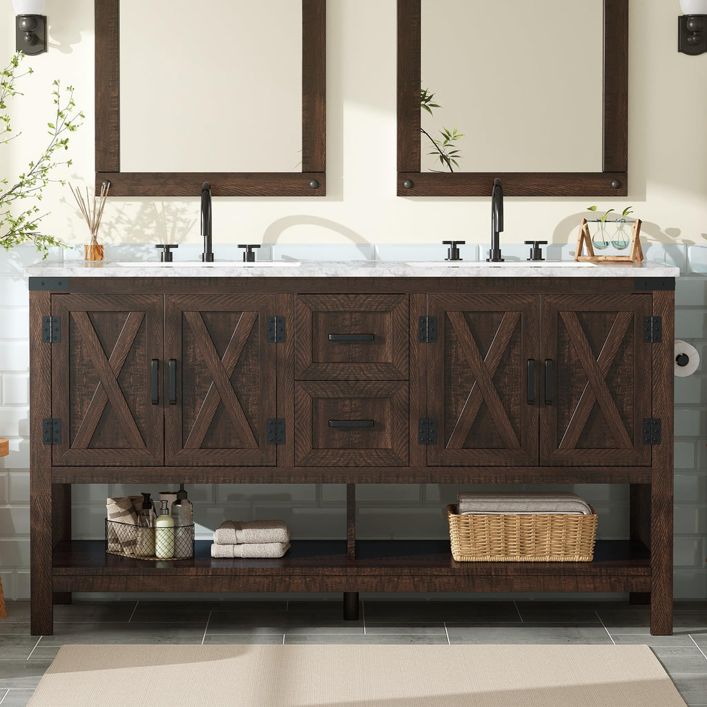 AMERLIFE 48" White Farmhouse Sink Bathroom Vanity, Solid White Top