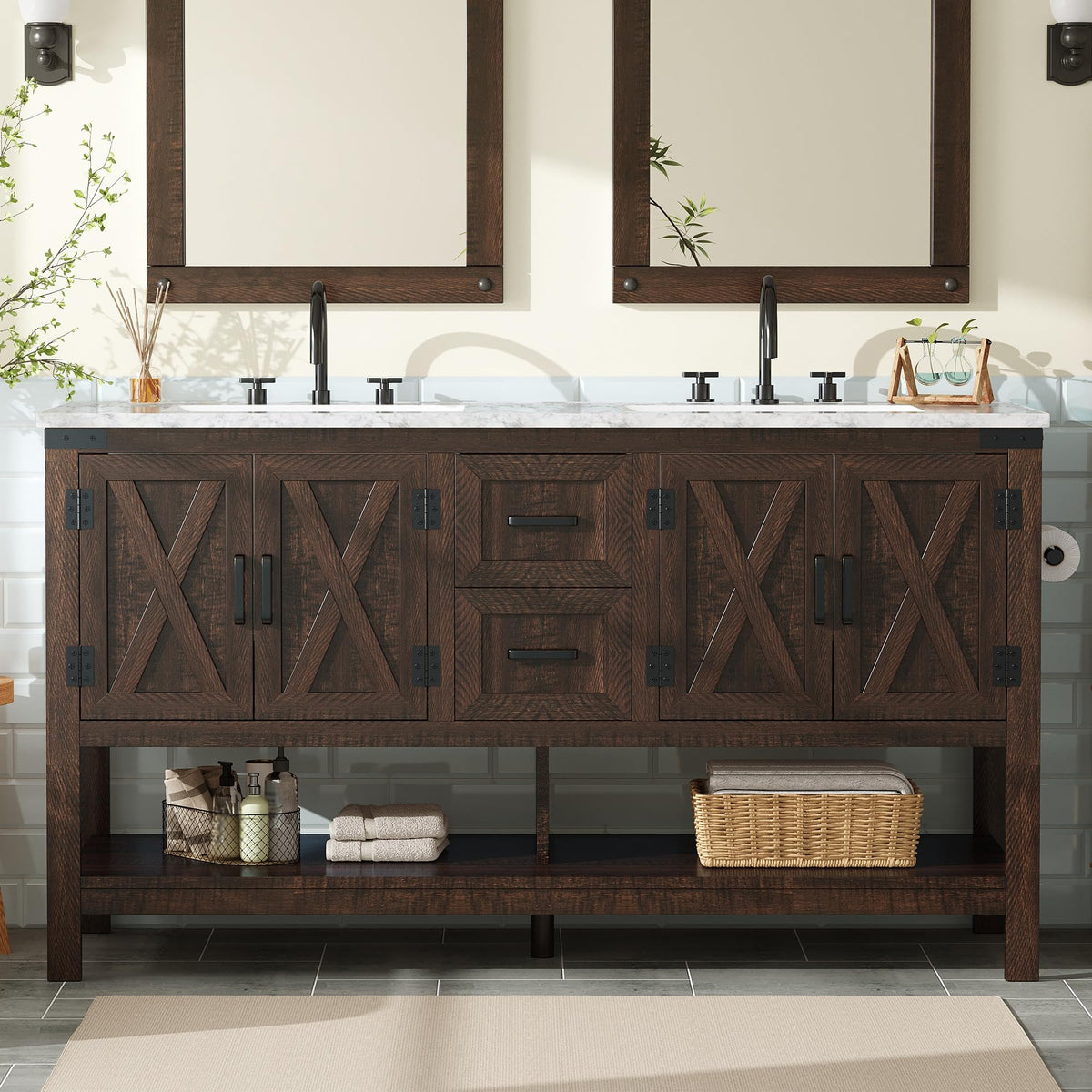AMERLIFE 48" White Farmhouse Sink Bathroom Vanity, Solid White Top
