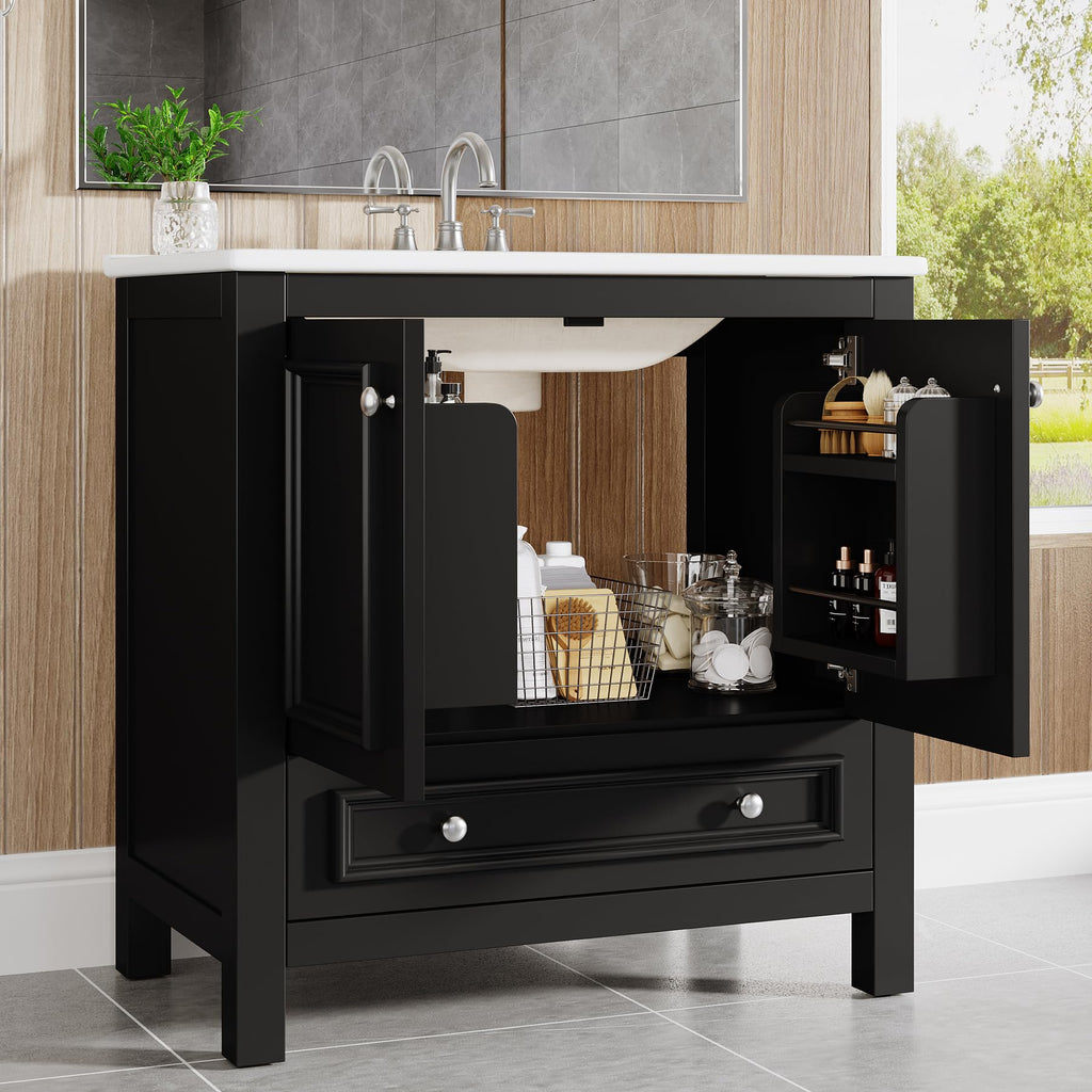 Tribesigns 30" Bathroom Vanity with Sink, Freestanding Bathroom Vanities Cabinet with Ceramic Basin Combo, Bathroom Sink Cabinet with 2 Doors and 1 Drawer, Solid Wooden Frame (Navy Blue, 30 INCH)