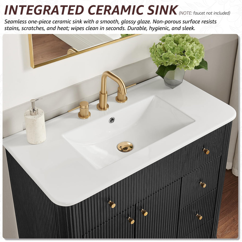 T4TREAM 36" Fluted Bathroom Vanity with Single Sink, Natural Oak
